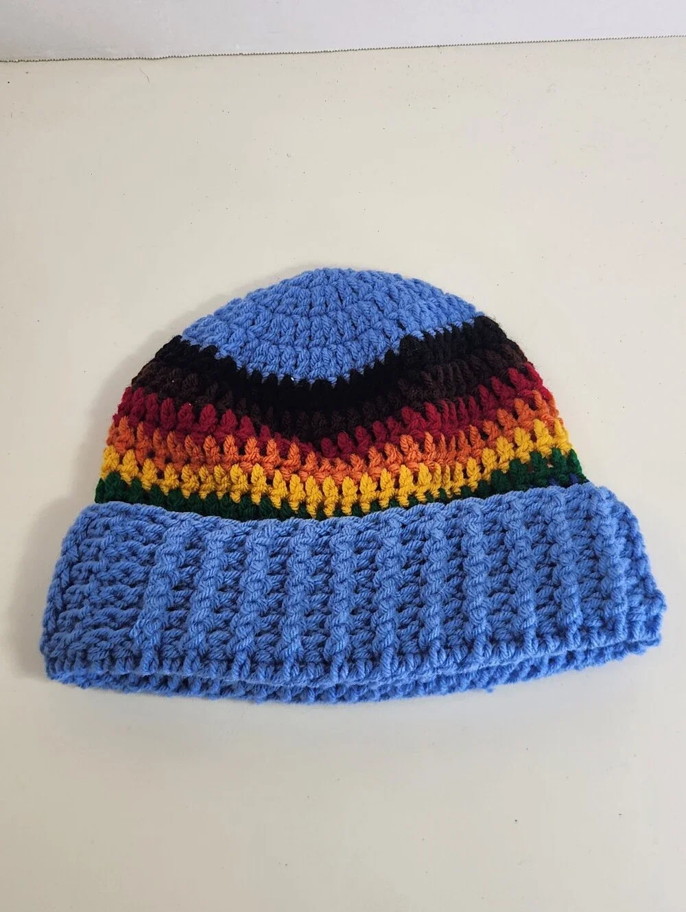 Handmade Crochet Knit Cap Beanie Hat Blue with Rainbow Stripe One Size